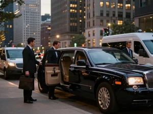 Plainfield to Midway limo service featuring a luxury Lincoln Continental in Chicago with professional chauffeur opening the door.