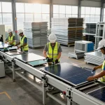 Recyclage des panneaux photovoltaïques in a modern facility with workers disassembling solar panels, illustrating sustainability efforts.