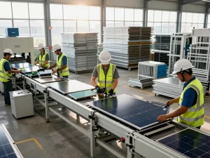 Recyclage des panneaux photovoltaïques in a modern facility with workers disassembling solar panels, illustrating sustainability efforts.