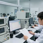 EMC testing engineers working on CE compliance in a high-tech lab.