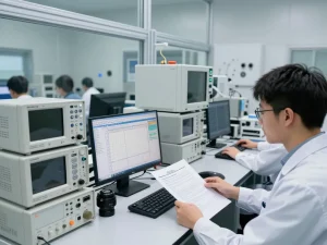 EMC testing engineers working on CE compliance in a high-tech lab.