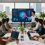 Team discussing mind control AI concepts in a modern office, showcasing collaboration and technology.