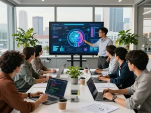 Team discussing mind control AI concepts in a modern office, showcasing collaboration and technology.