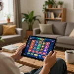 Buổi chơi game thú vị trên máy tính bảng hiển thị giao diện casino Link 12bet trong khi thư giãn tại nhà