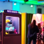 Capture the excitement of a photo booth rental, showcasing vibrant props in a lively setting.