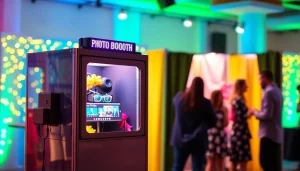 Capture the excitement of a photo booth rental, showcasing vibrant props in a lively setting.