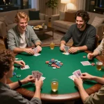 Friends engaging in an exciting home poker game, showcasing hitclub atmosphere with chips and cards in play.
