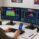 SBOBET88 user engaging in online betting at a modern home office desk, surrounded by monitors displaying live odds and betting strategies.