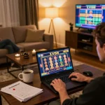 Player enjoying LV88 online slots game in a cozy home setting, combining entertainment with strategy.