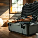 A Pelican gun case for sale displaying rifles in a rustic setting, highlighting durability and style.