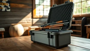 A Pelican gun case for sale displaying rifles in a rustic setting, highlighting durability and style.