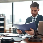 Clearwater truck accident lawyer diligently reviewing case documents in an office environment.