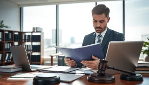 Clearwater truck accident lawyer diligently reviewing case documents in an office environment.