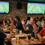 Penggemar terlibat dalam strategi taruhan Judi Bola sambil menonton pertandingan sepak bola secara langsung di bar olahraga