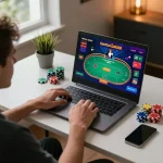 Luck8 player engaged in an online poker game, showcasing vibrant gameplay and a comfortable at-home setting.