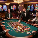 Players betting on roulette at F168 casino, vibrant atmosphere, high-stakes excitement.