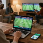 Engaged user sports betting on CAKHIATV with multiple screens and friendly atmosphere.