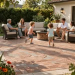 Family enjoying time on a patio with durable brick pavers near me in a warm, inviting outdoor setting.