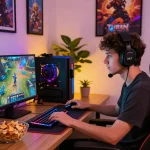 Engaged gamer playing dk7 สล็อต online in a cozy home setup with gaming peripherals and snacks.