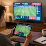Xoilac sports betting scene with excited person placing bets on a tablet in a cozy home setting