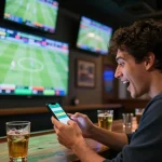 Excited bettor using a smartphone app for kèo nhà cái 5 while watching live football match.