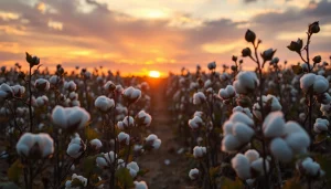 Katoenvelden onder de zonsondergang met verse katoenbollen op de voorgrond.