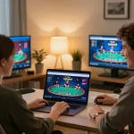 Engaged player using iwinnet platform on laptop while strategizing for an online poker game.