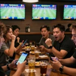 Engaged fans checking tỷ lệ kèo nhà cái 5 while celebrating at a lively sports bar.