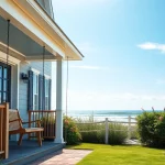 Showcase a stunning cape cod home with a welcoming porch against a coastal backdrop.