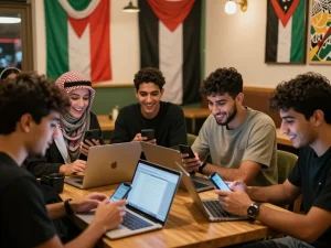 Dynamic social scene depicting شات فلسطين with Palestinian youth connecting online in a vibrant café.
