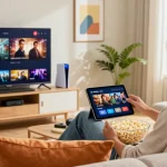 Pikashow APK streaming on a tablet in a cozy entertainment setup with popcorn, showcasing a relaxed home viewing experience.