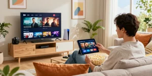 Pikashow APK streaming on a tablet in a cozy entertainment setup with popcorn, showcasing a relaxed home viewing experience.