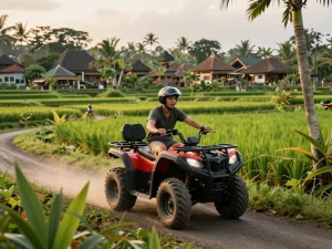 Bali tour ATV adventure through jungles and rice fields, showcasing the thrill of off-road exploration.
