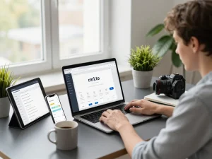 Secure rm1.to login in a modern workspace with laptop and smartphone.