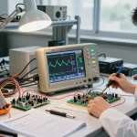 Technician using a handheld oscilloscope multimeter in an organized electronics lab with various tools and components.