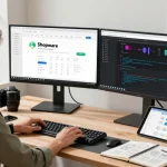 Creative workspace showcasing a Shopware Agency developer at work, featuring dual monitors, coding tools, and e-commerce strategy materials.