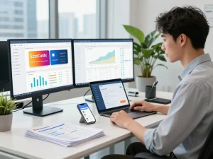Ezzocards virtual prepaid cards showcased in a modern financial office environment.