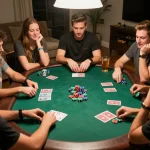 Friends enjoying an exhilarating home poker night with chips and cards, experiencing 88xeng excitement together.