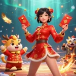 Engage in lively casino play with 68win's vibrant Lunar New Year celebration illustration, showcasing festive characters and casino elements.