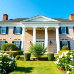 Transforming colonial home renovation with lush gardens and elegant architecture.