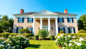Transforming colonial home renovation with lush gardens and elegant architecture.