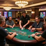 Players engaging in a thrilling game of blackjack at five88 casino, vibrant atmosphere with colorful chips.