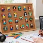 Artist showcasing custom acrylic pins in a cozy workspace with vibrant designs and natural light.