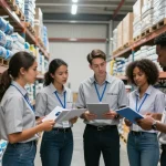 Chemical suppliers for import team collaborating on logistics in a professional warehouse.