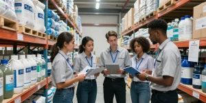 Chemical suppliers for import team collaborating on logistics in a professional warehouse.