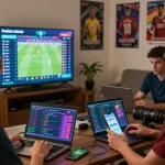 Players engaged in online sports betting at home on OKFUN with real-time odds on screen.
