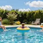 Family enjoying a sunny day by the pool, showcasing the Best Pool Chlorinators for clean water maintenance.