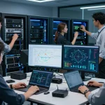IT professionals optimizing 快连 network performance in a high-tech server room.