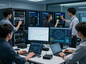 IT professionals optimizing 快连 network performance in a high-tech server room.