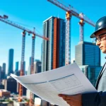 New York City construction manager supervising an active urban construction site with cranes.